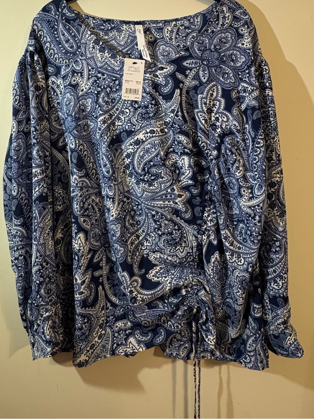 NY Collection blouse blue‎ paisley women plus 1X cinched side long sleeve NWT